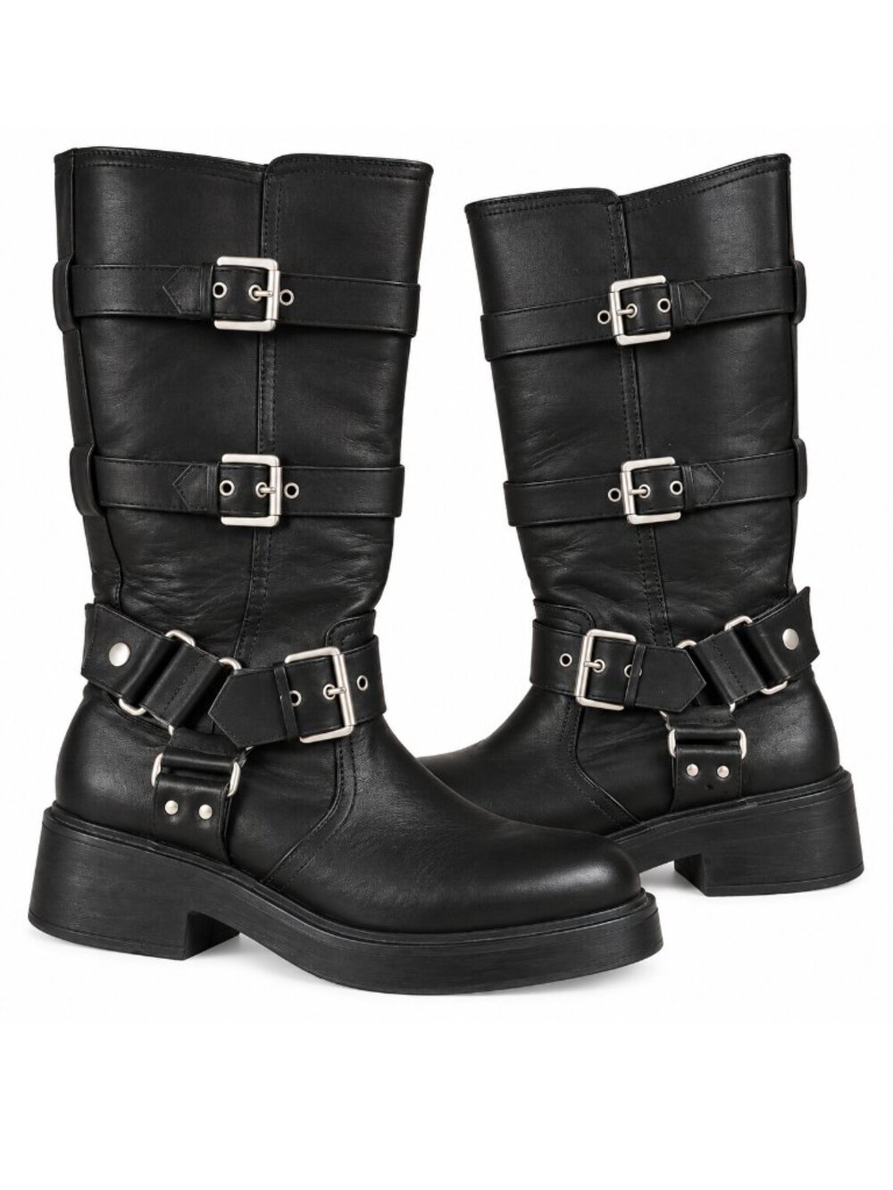 ASOS DESIGN - Captain multi-buckle Black biker knee boots - 8 - EUC